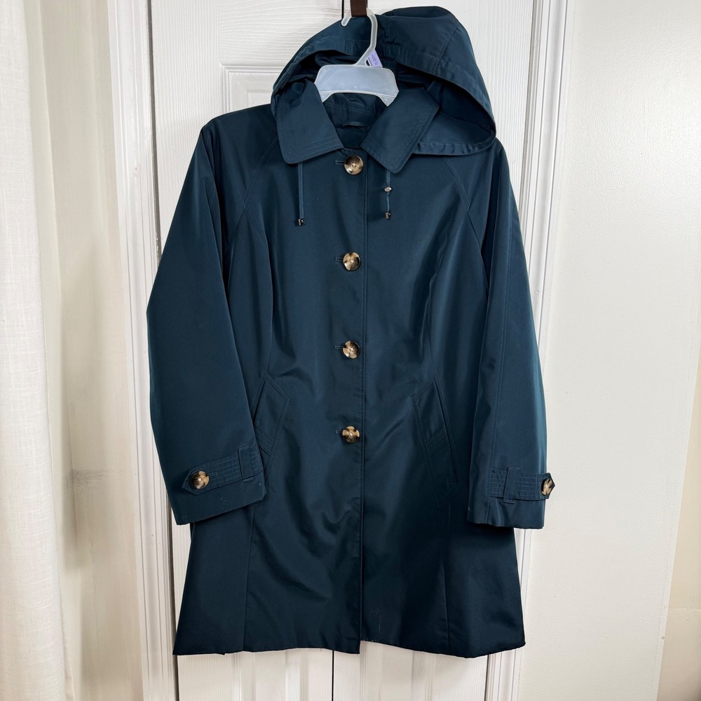 London Fog Womens 1X Hooded Raincoat Teal Plaid Lined Trench Coat Plus Size